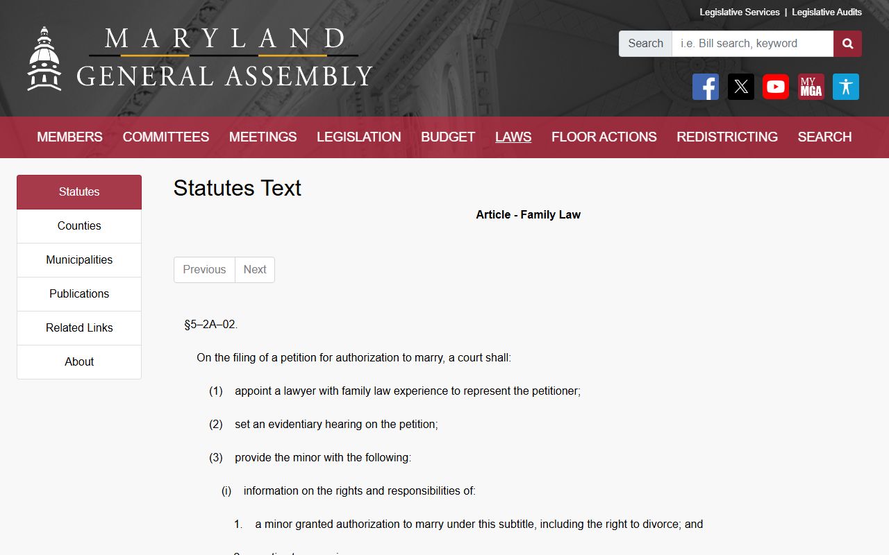 Maryland minor marriage authorization statute on Harford County court dockets