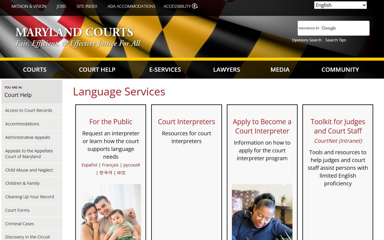Maryland court language services for Harford County docket hearings