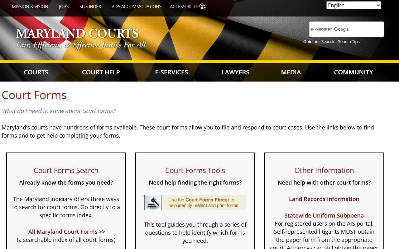 Maryland Judiciary court forms page for Harford County court records