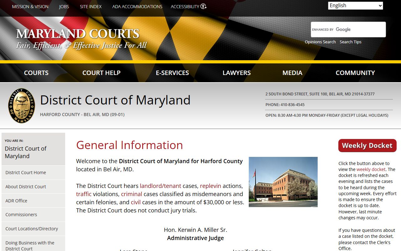 Harford County District Court directory on the Maryland Judiciary website