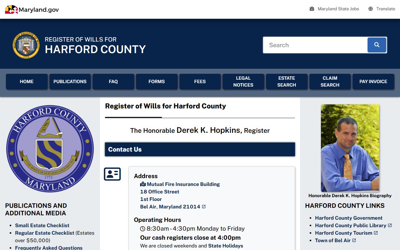 Harford County Register of Wills page for probate and estate records