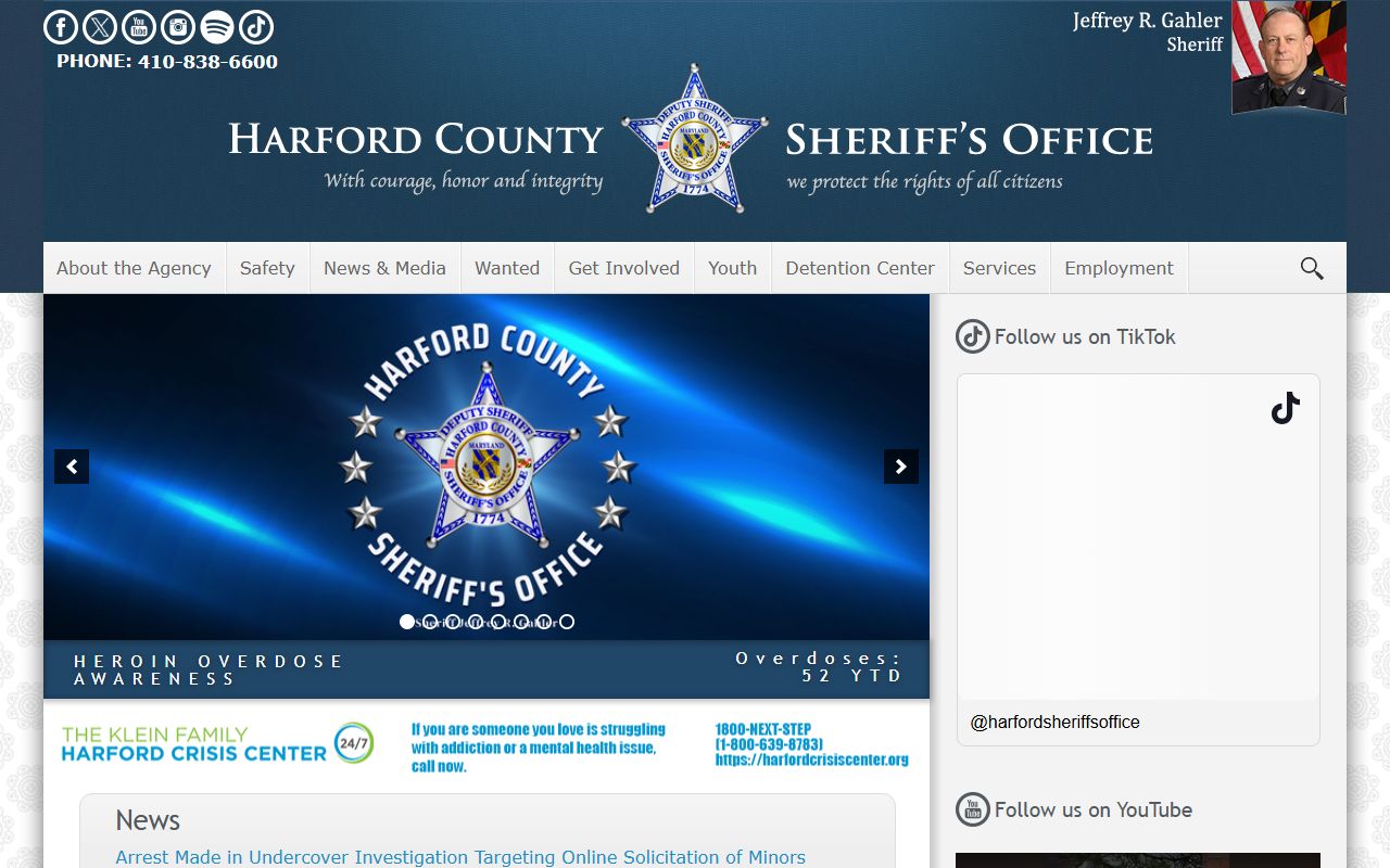 Harford County Sheriff's Office home page for inmate and arrest records