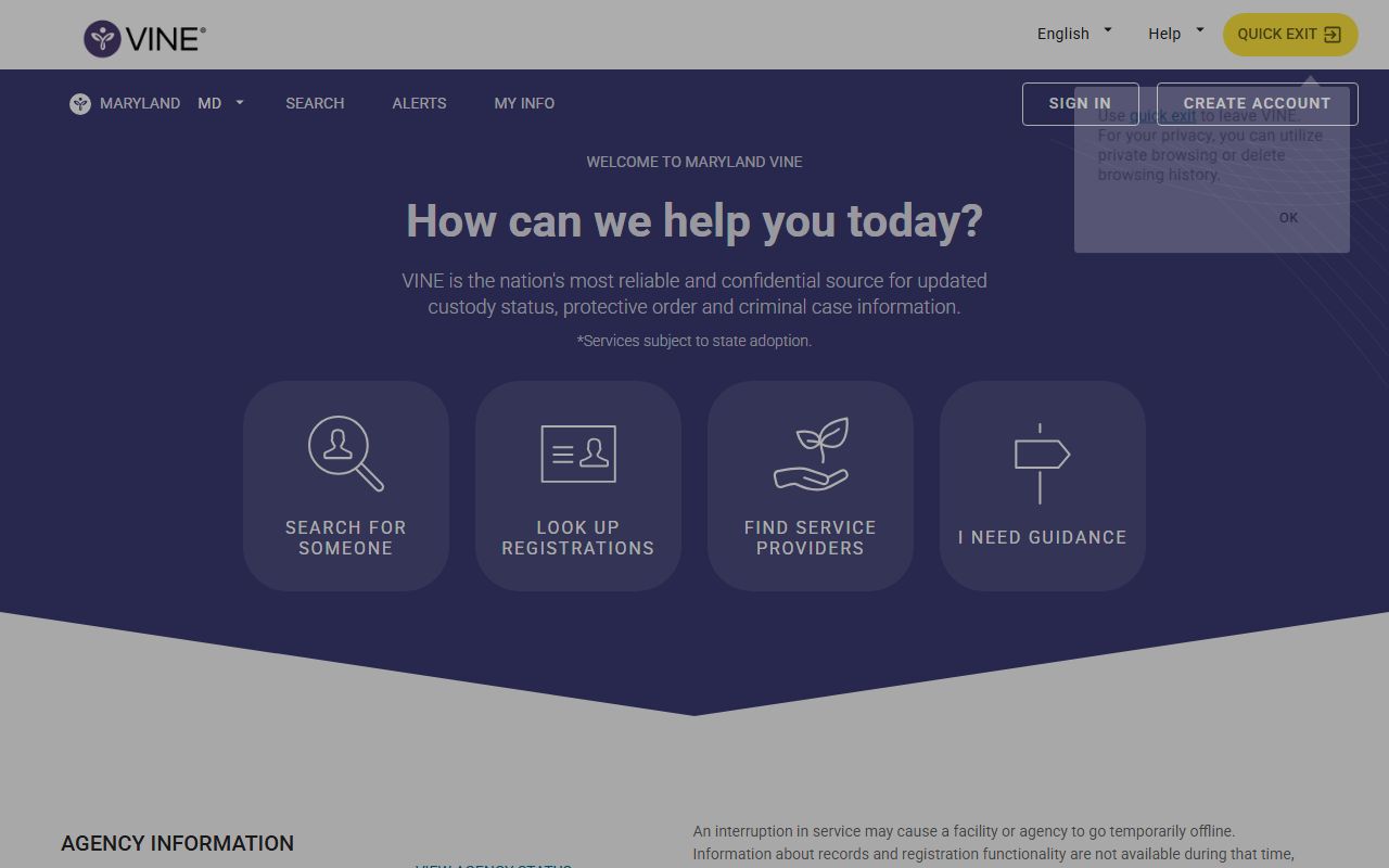 Maryland VINE portal for Harford County inmate custody search