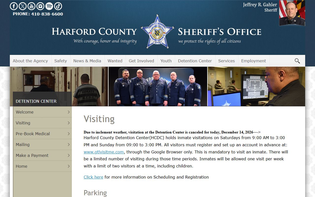 Harford County Detention Center visitation page tied to jail population