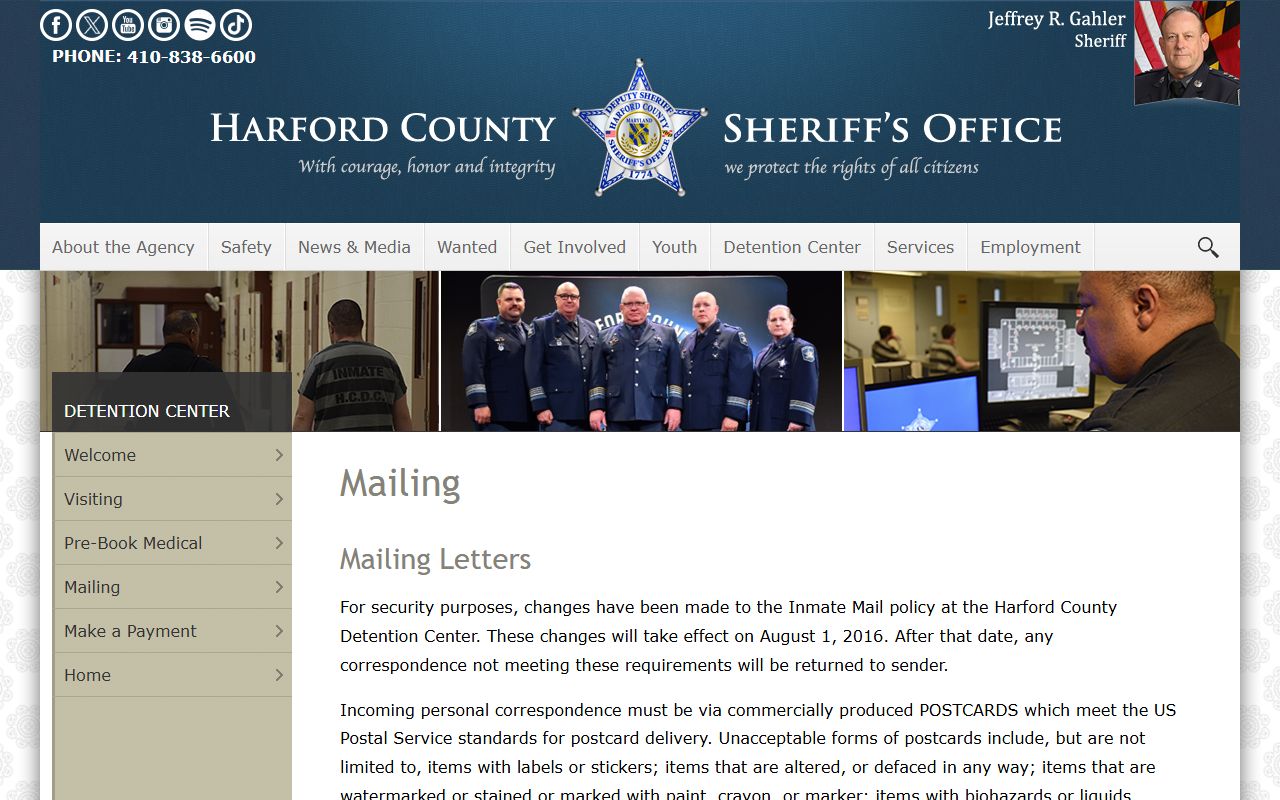 Harford County Detention Center mail rules page tied to jail population management