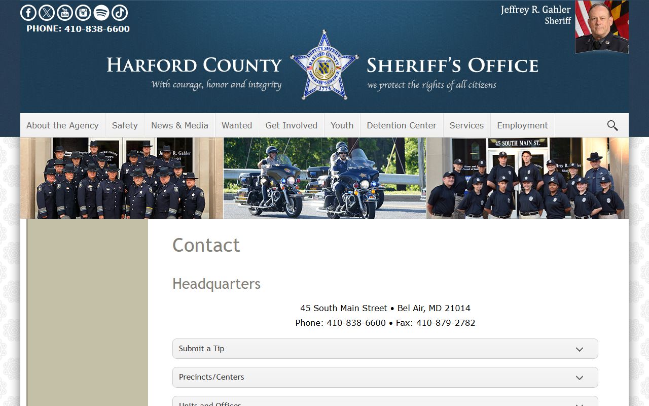 Harford County Sheriff contact page for inmate records