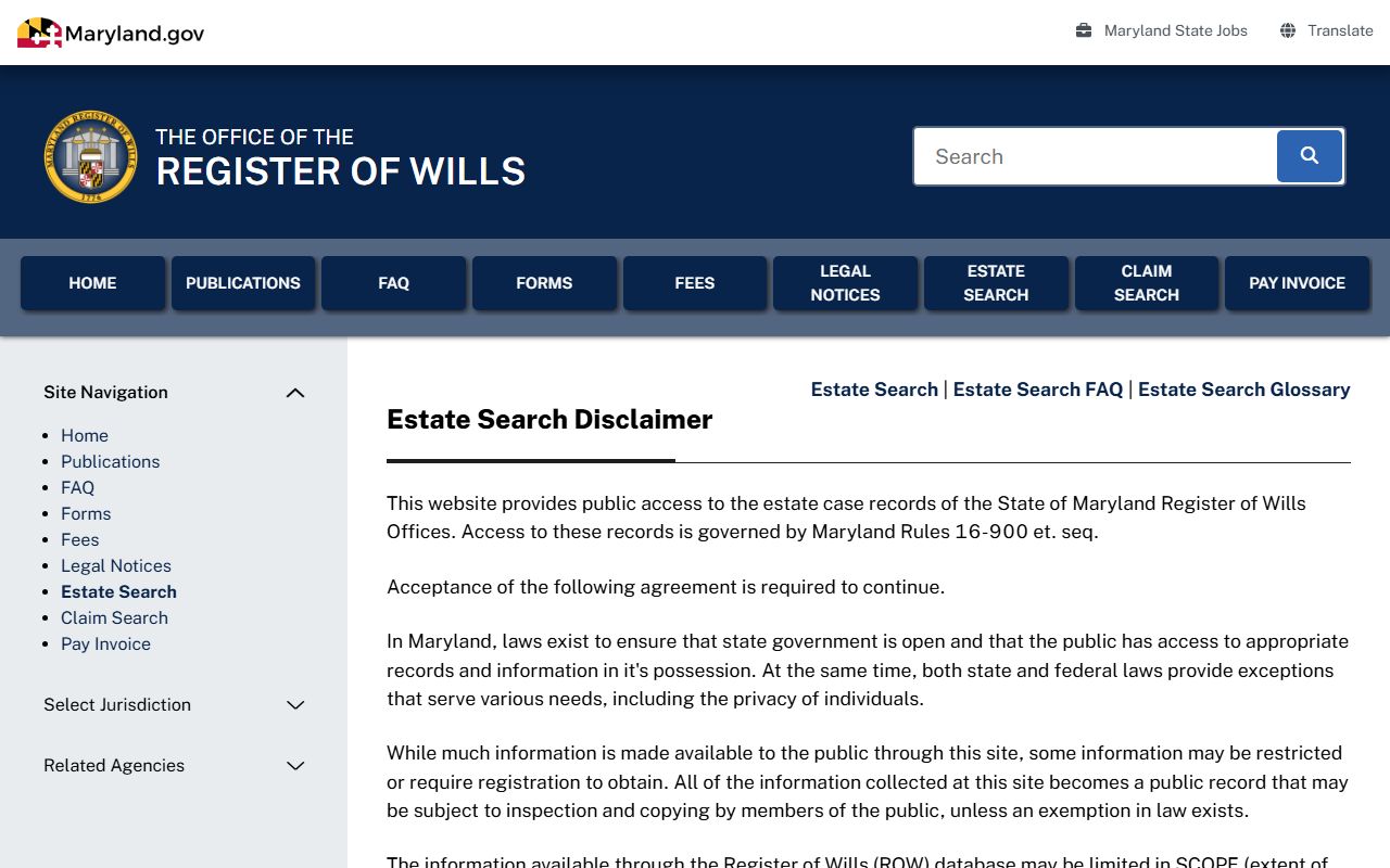 Maryland Register of Wills Estate Search for Harford County probate records