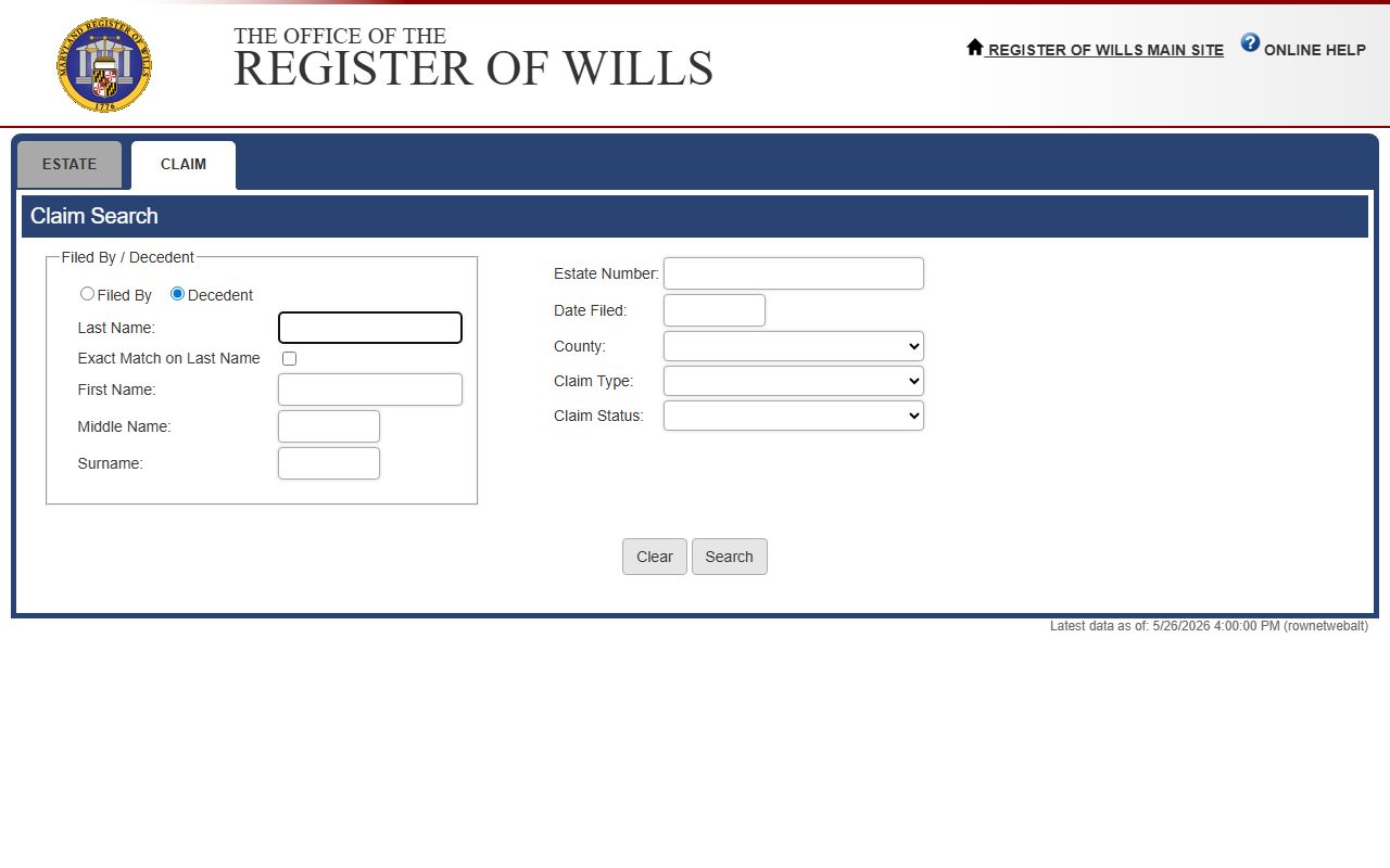 Maryland Register of Wills Claim Search for Harford County probate records