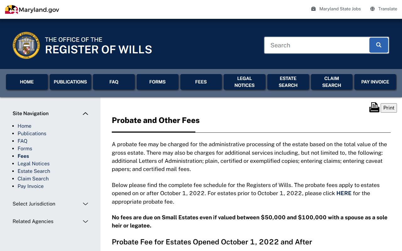 Maryland Register of Wills fees page for Harford County probate records