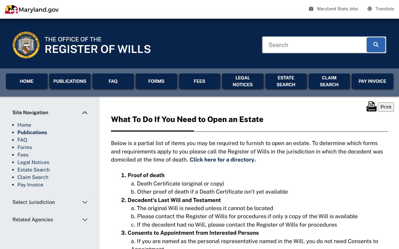 Maryland Register of Wills opening an estate guidance for Harford County