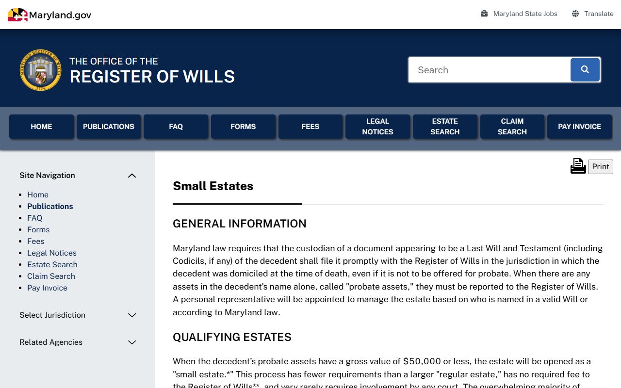 Maryland Register of Wills small estate information for Harford County probate