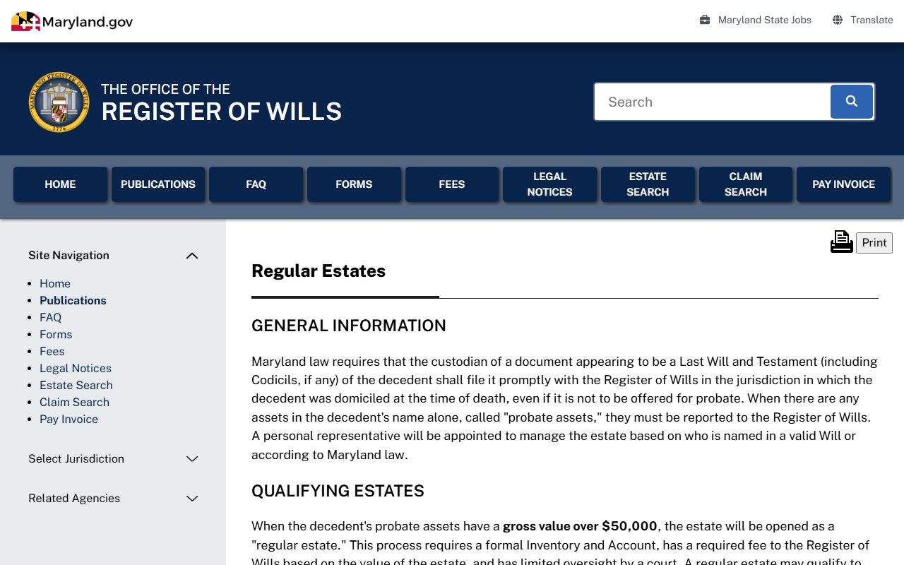Maryland Register of Wills regular estate information for Harford County probate