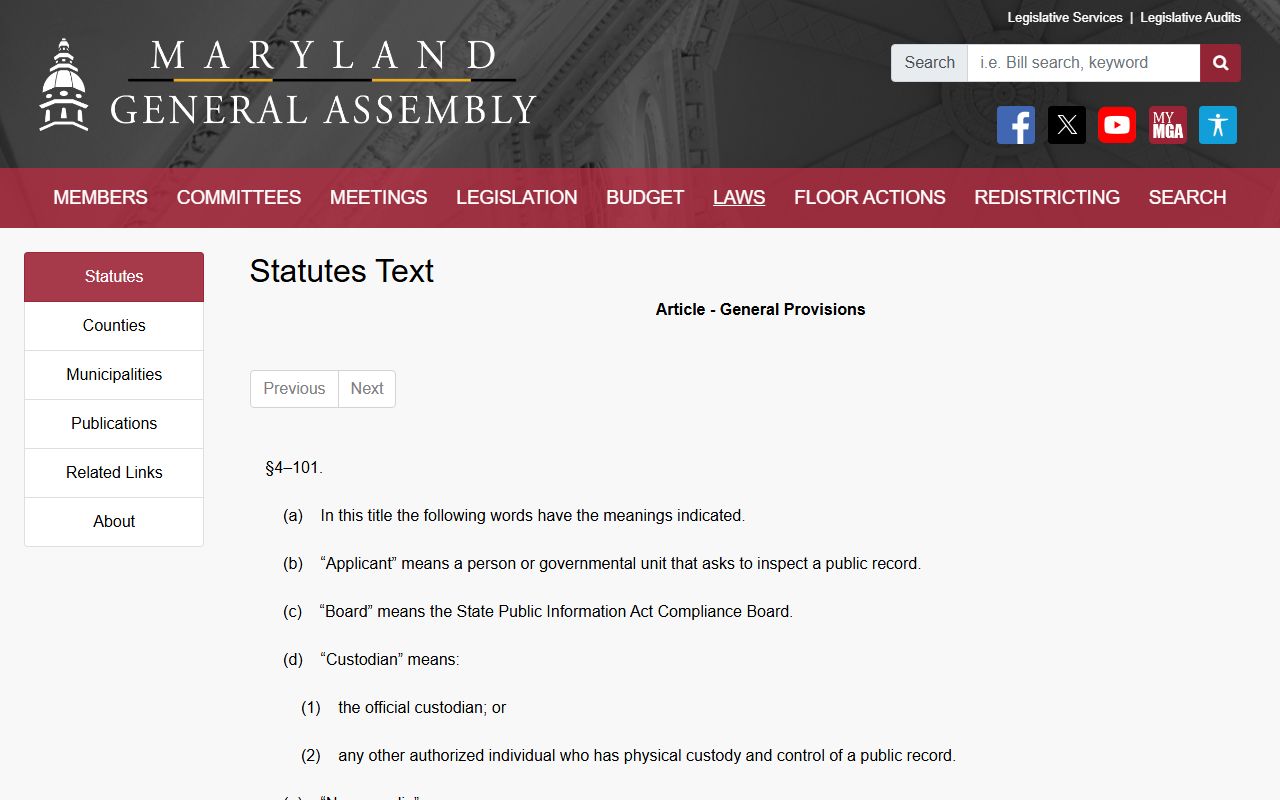 Maryland Public Information Act definitions for Harford County public records