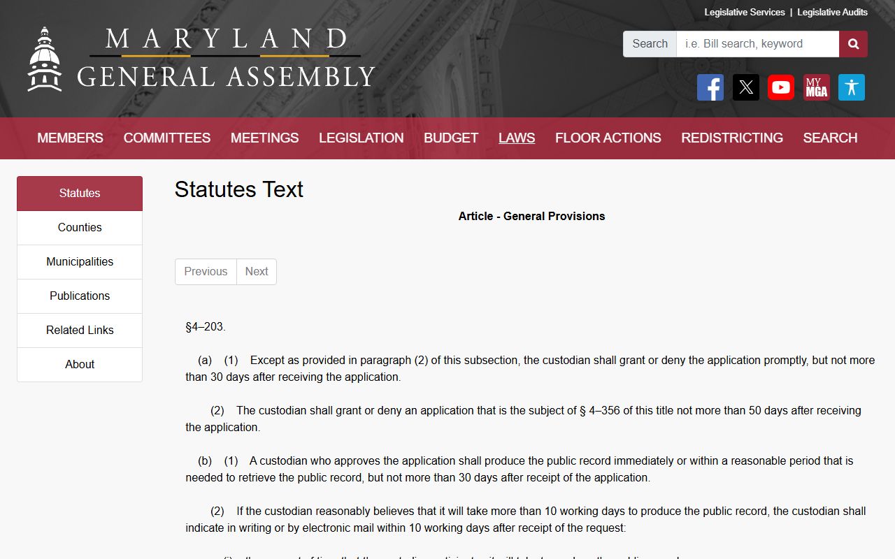 Maryland PIA response timing statute for Harford County public records