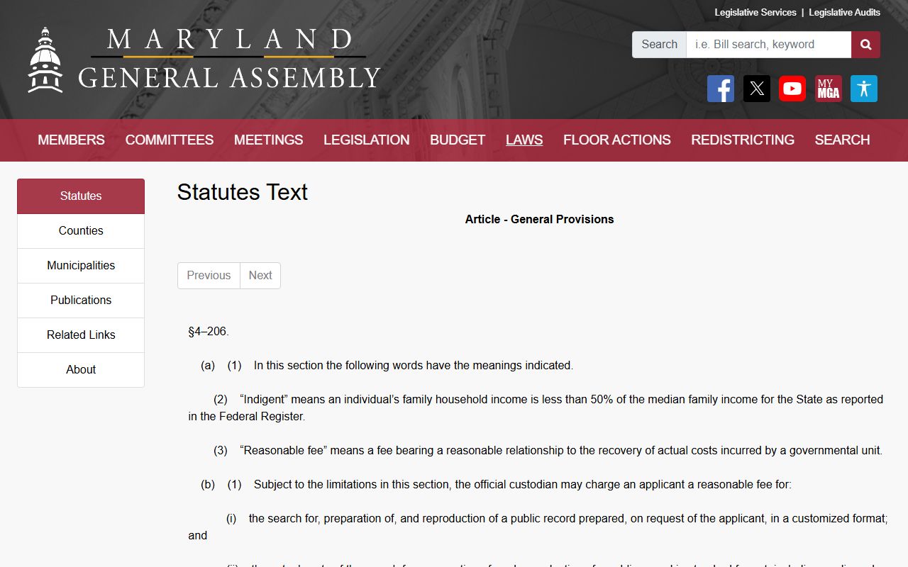 Maryland PIA fee provisions for Harford County public records