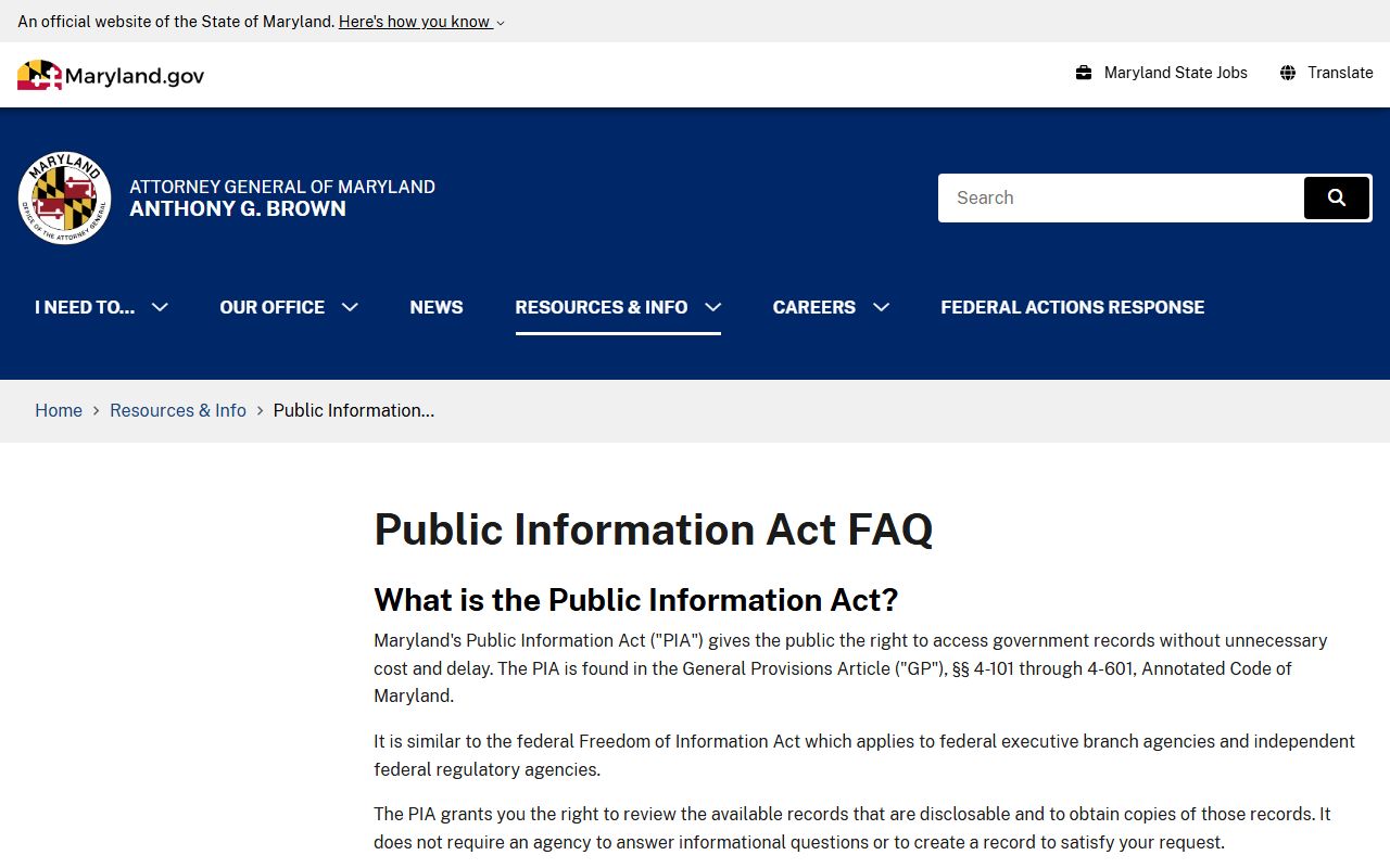 Maryland Attorney General PIA FAQ for Harford County public records