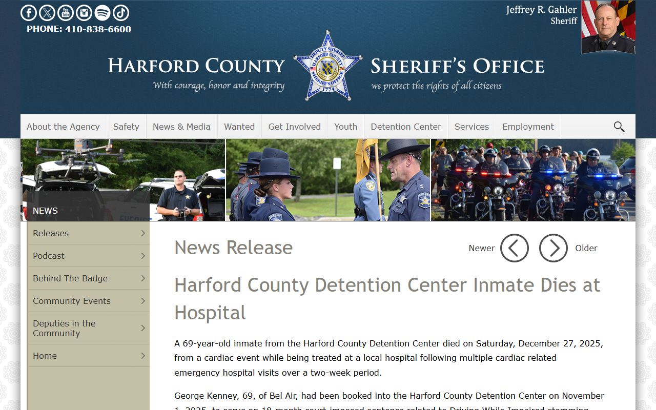Harford County Sheriff detention news release page for released inmates